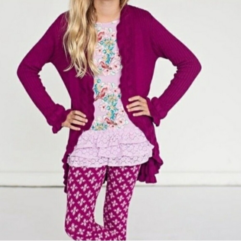 435 by Matilda Jane Jax Cardigan Purple Ruffle Open Front Sweater 14